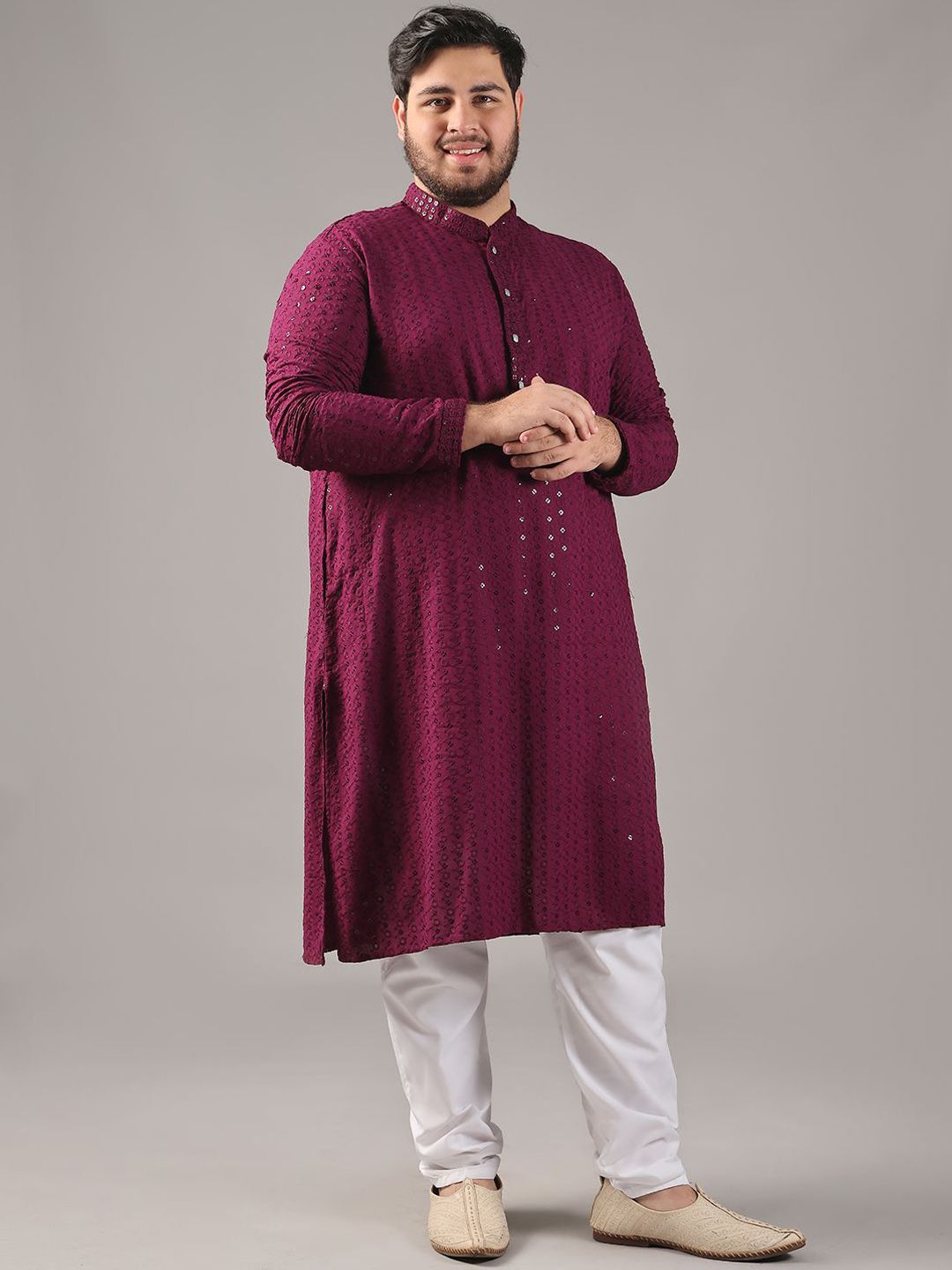 SOJANYA PLUS Plus Size Lelaki Motif Etnik Sulam Kapas Tulen Kurta Lurus & Piyama