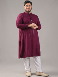 SOJANYA PLUS Plus Size Lelaki Motif Etnik Sulam Kapas Tulen Kurta Lurus & Piyama