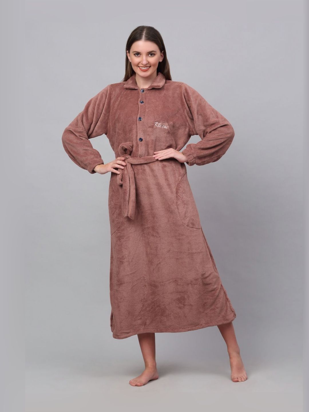 KLOTTHE Woolen Shirt Collar Bath Robe With Belt