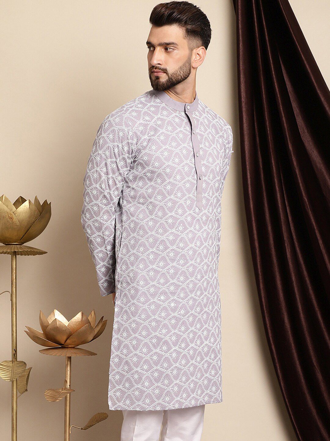 Anouk Ethnic Motifs Embroidered Band Collar Cotton Regular Kurta