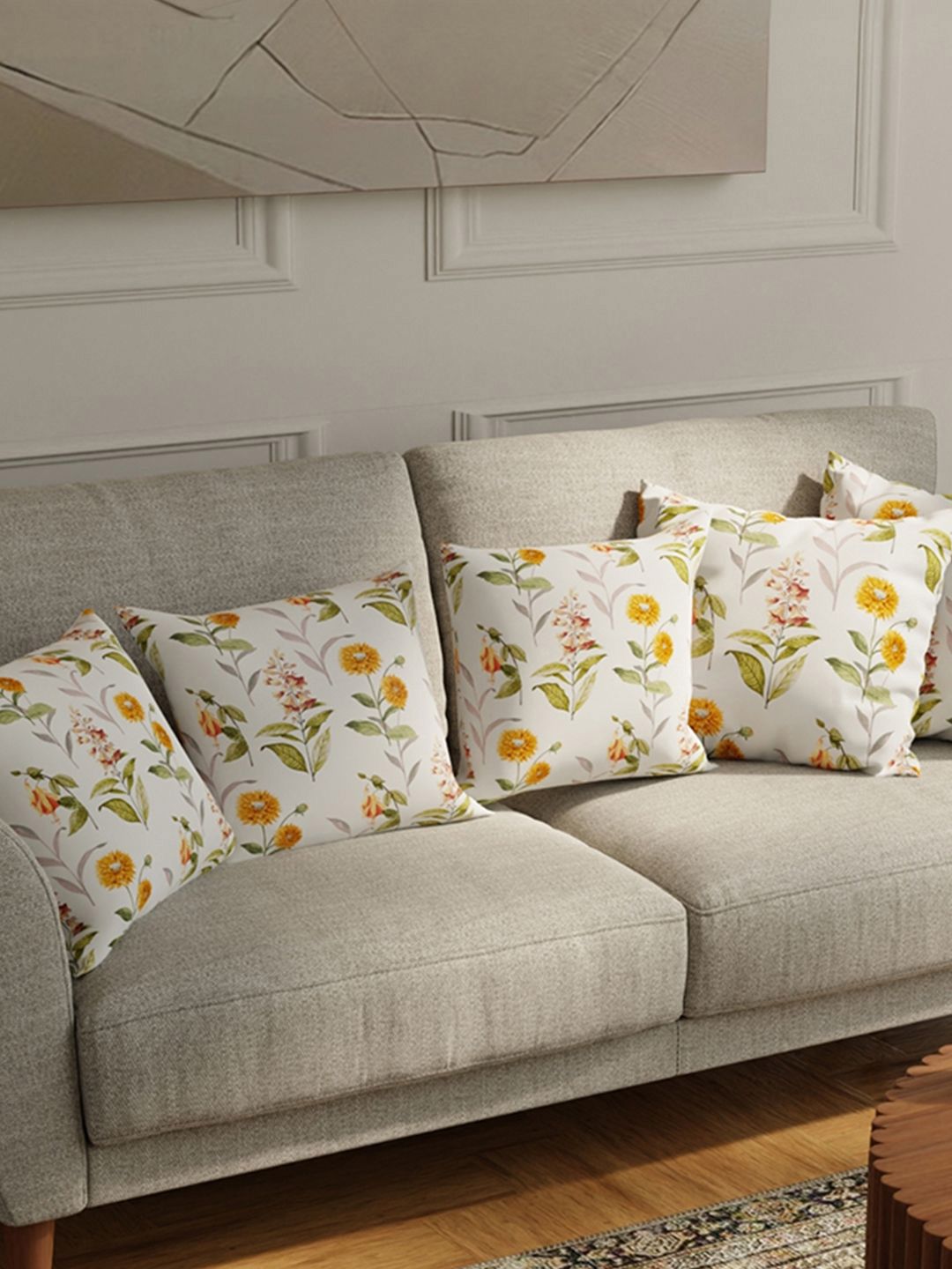 URBAN SPACE White & Green 5 Pieces Floral Printed Cotton Square Cushion Covers