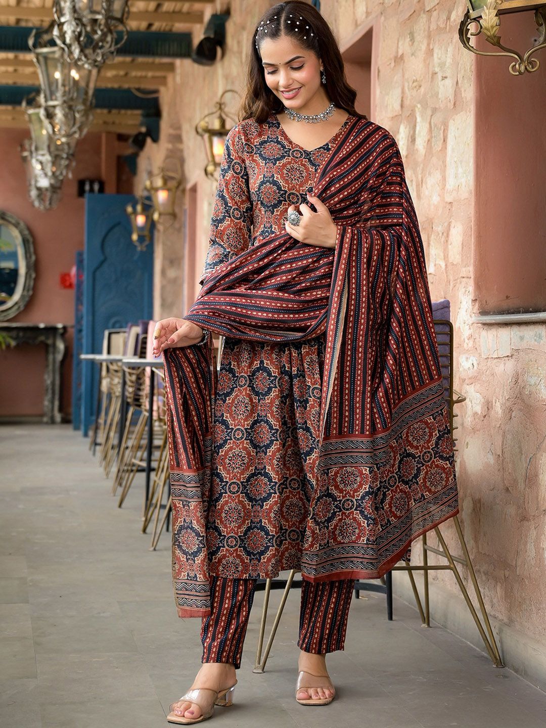 KALINI Ethnic Motifs Printed A-Line Kurta with Trousers & Dupatta
