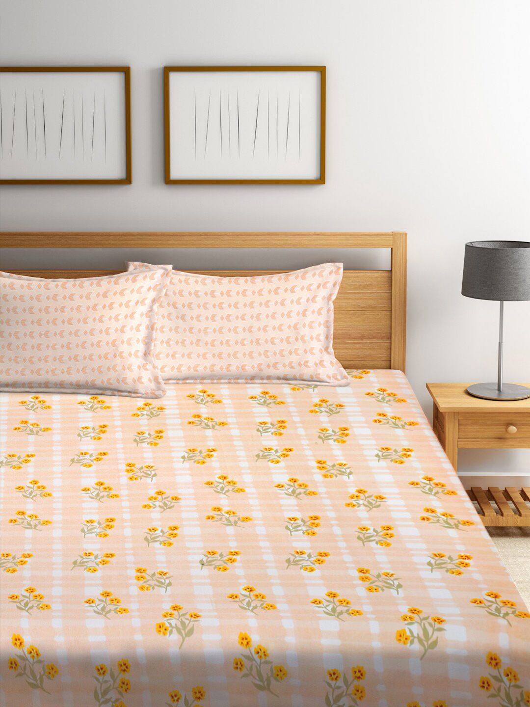 KLOTTHE Kapas Bunga Oren 300 TC Cadar King Halus dengan 2 Sarung Bantal-98 x 87 inci