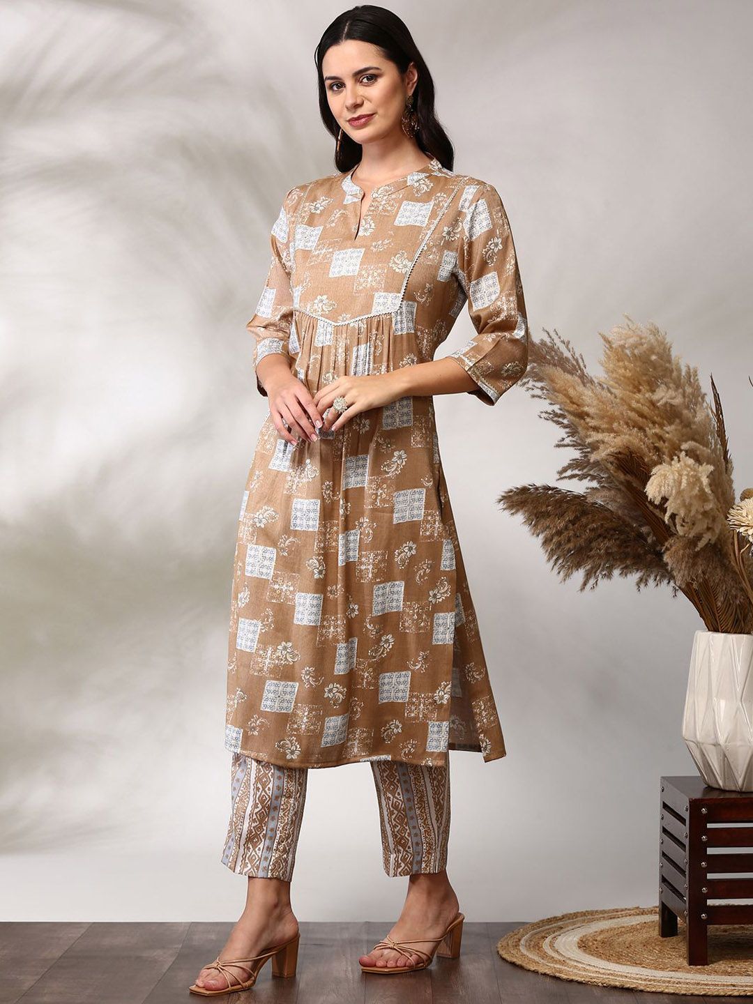 Anouk Floral Printed Regular Straight Kurta with Trousers & Dupatta