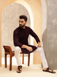 Anouk Wine Geometric Embroidered Sequinned Mandarin Collar Pure Cotton Kurta With Pyjama