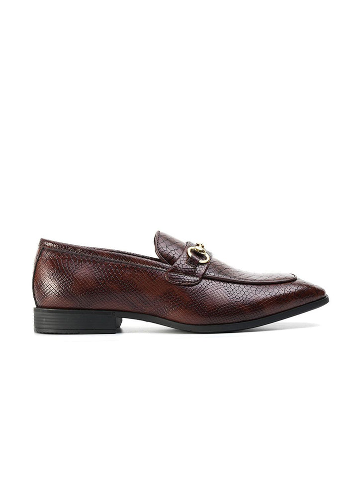 MONKSTORY Men Brown Horsebit Snake-Effect Textured Loafers