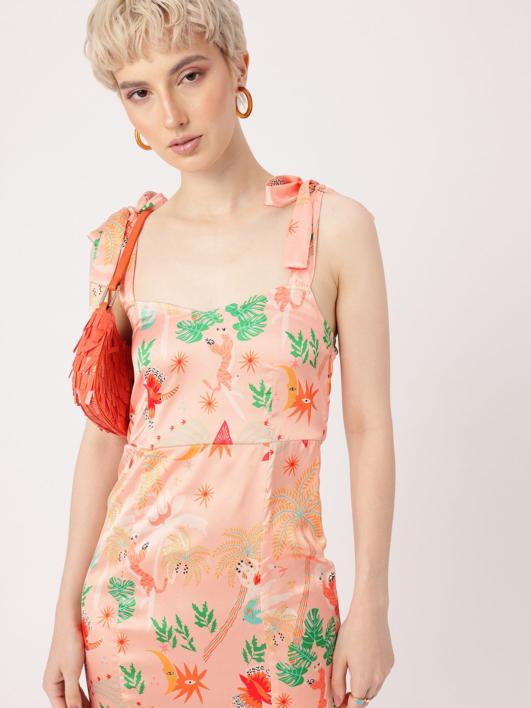 DressBerry Enduring Chic Satin Finish Printed Side Slit A-Line Midi Dress