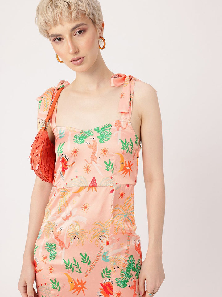 DressBerry Enduring Chic Satin Finish Printed Side Slit A-Line Midi Dress