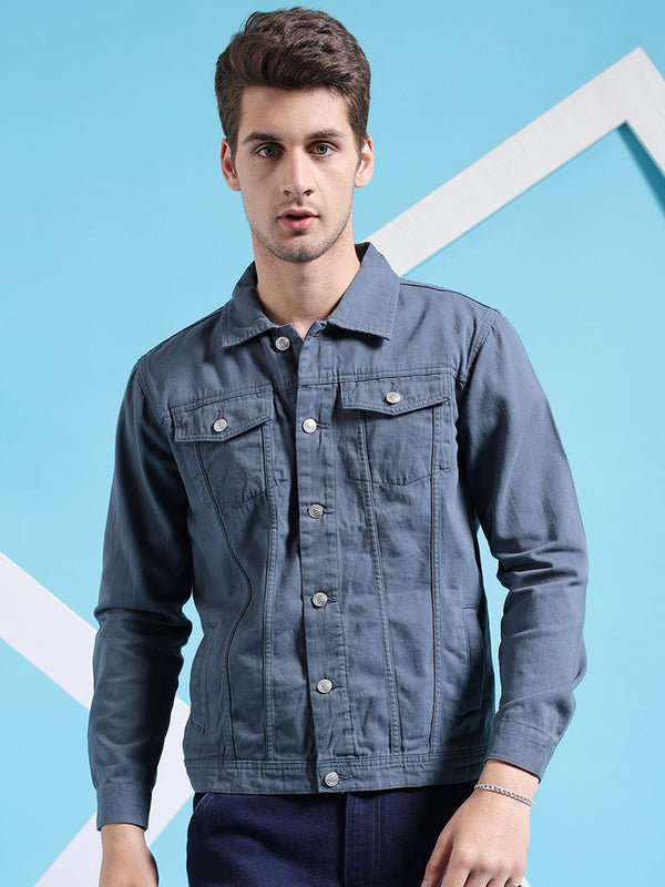 The Indian Garage Co Men Slim Fit Denim Trucker Jacket with Double Flap Pockets