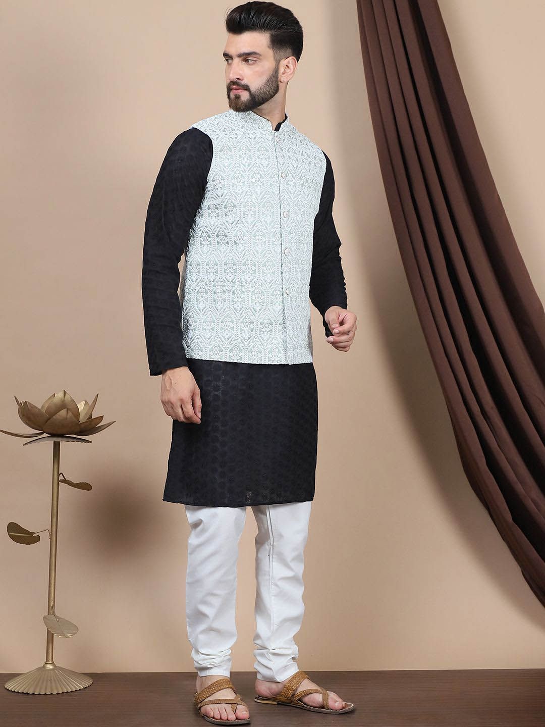 Anouk Black Ethnic Motifs Embroidered Pure Cotton Straight Kurta with Churidar