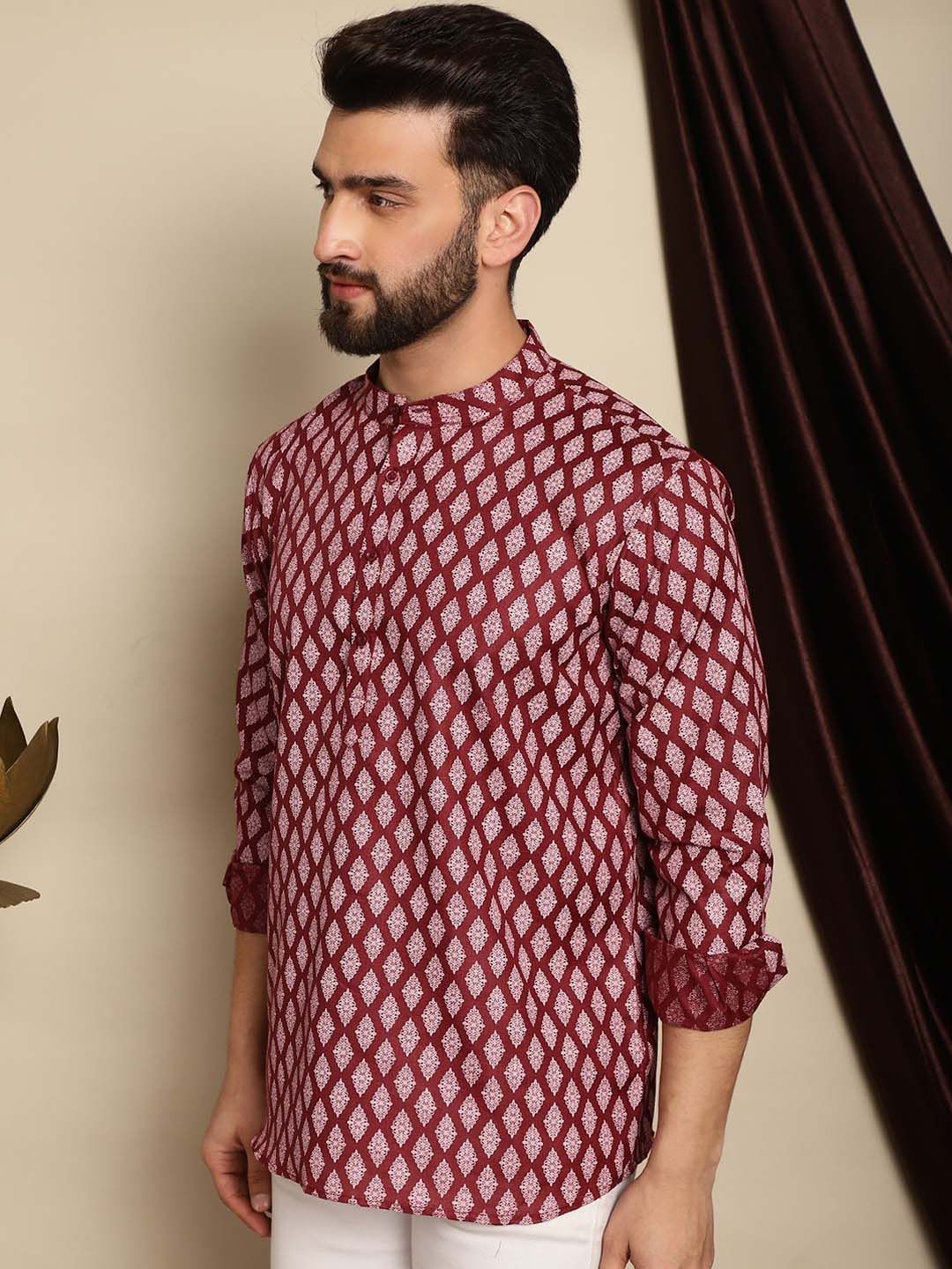 Anouk Maroon Etnik Motif Bercetak Cotton Linen Kurta Pendek