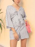 DressBerry Seamlessy Stylish Flared Sleeves Tie-Up Striped Playsuit