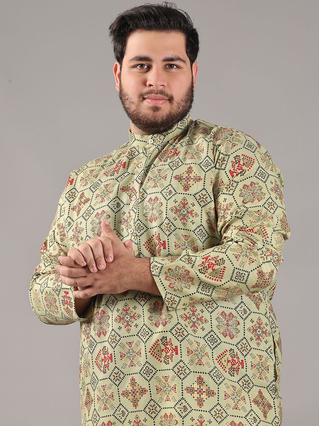 SOJANYA PLUS Size Ethnic Motifs Printed Band Collar Cotton Linen Straight Kurta