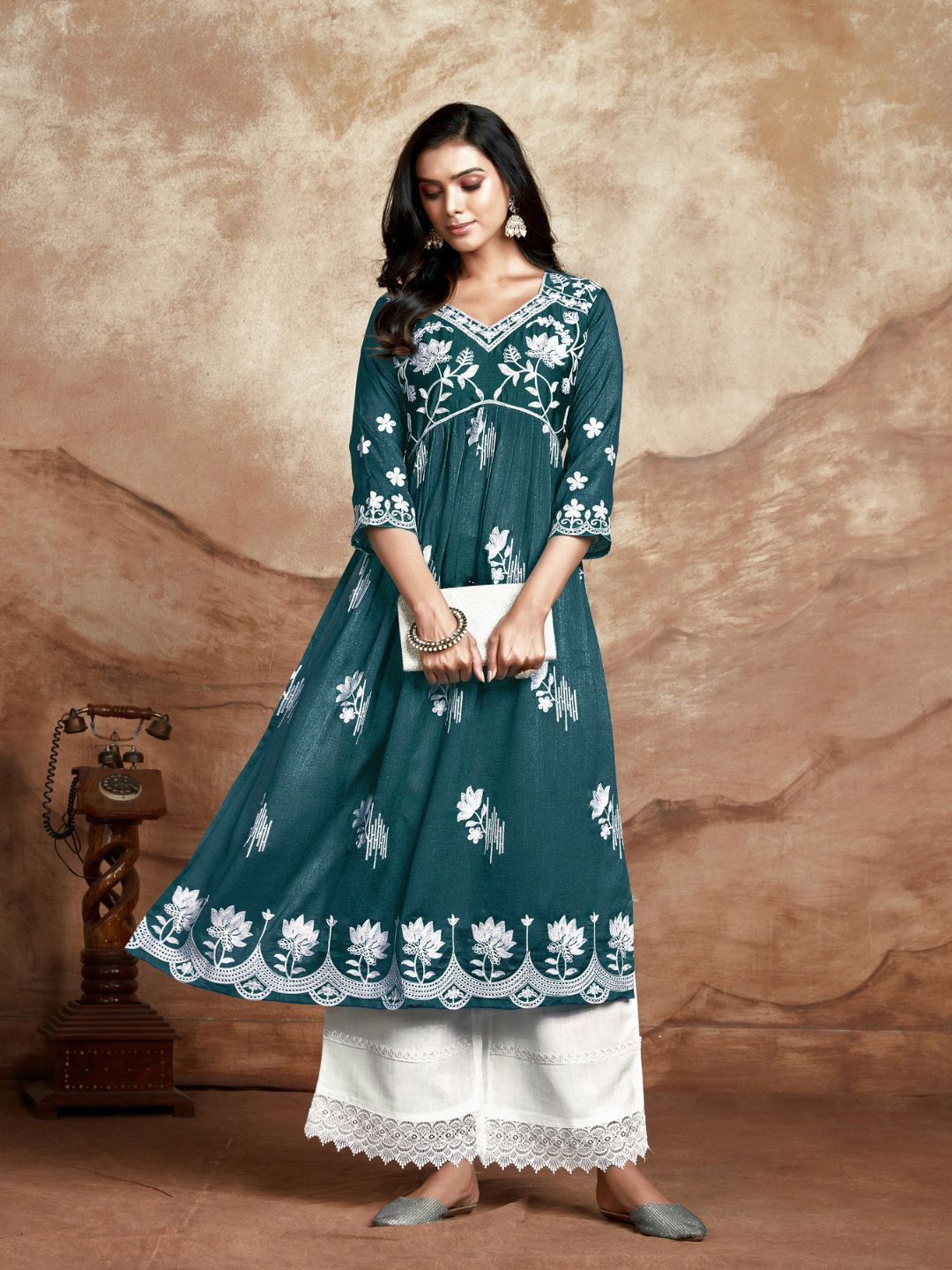 KALINI Floral Embroidered V-Neck Thread Work Silk High Slit Kurta