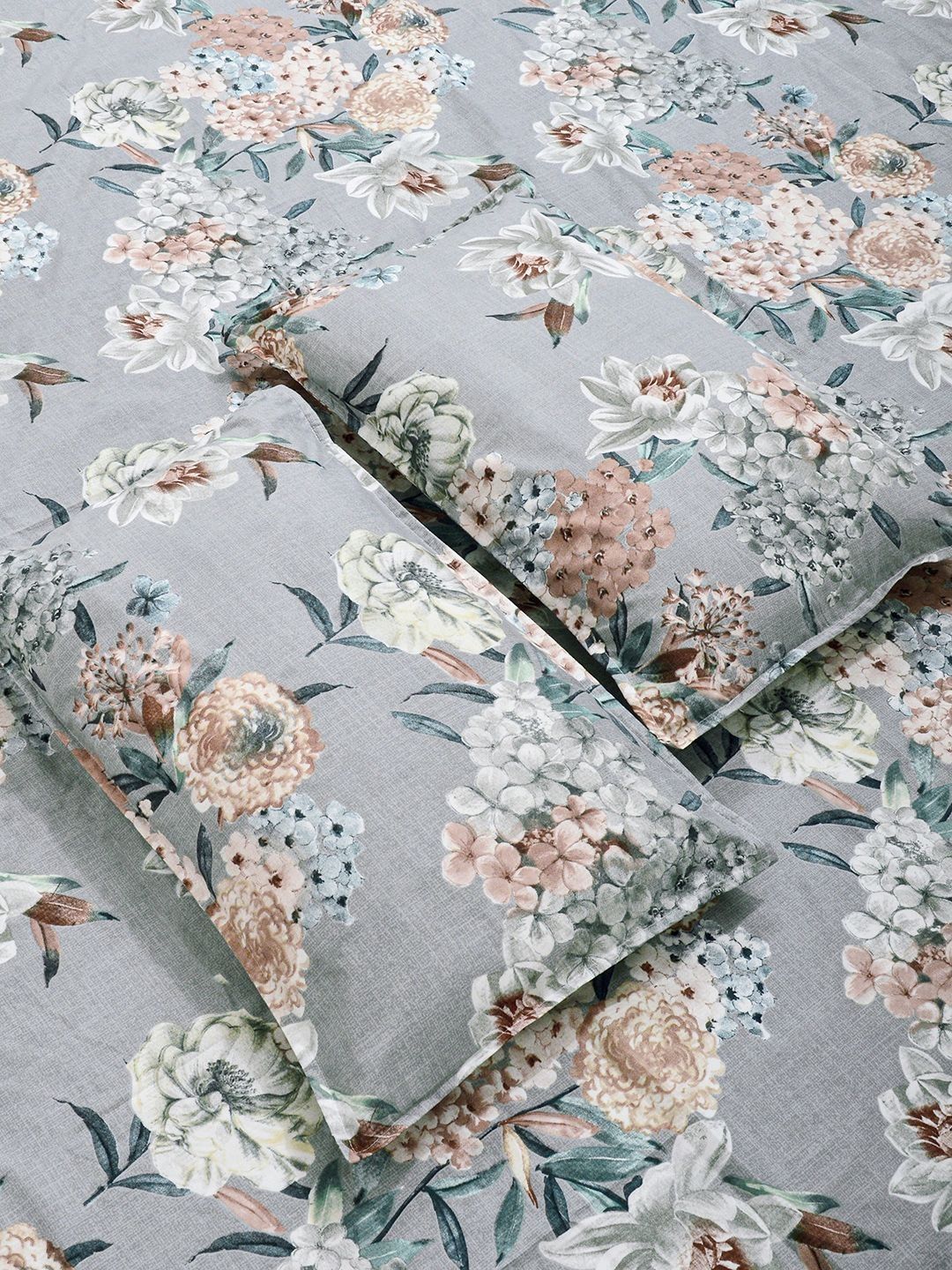 Myntra Elegant Homes Grey & Floral 300 TC King Bedsheet with 2 Pillow Covers