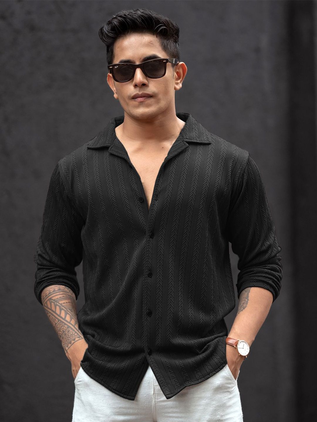 Powerlook Men Cuban Collar Textured Cotton Relaxed Fit Casual Shirt