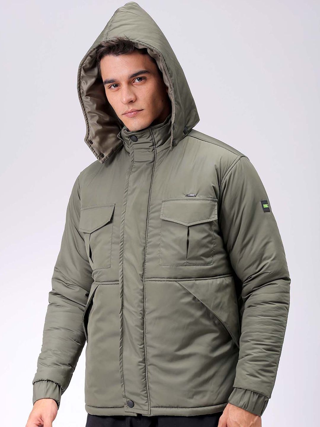 The Indian Garage Co Men Olive Solid Hooded Neck Padded Parka Jacket