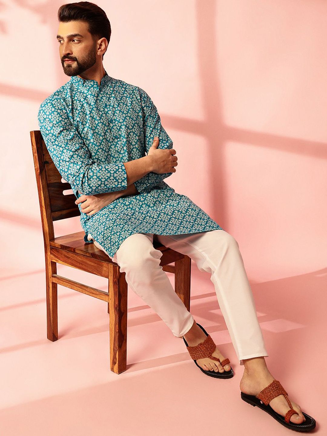 Anouk Floral Printed Mandarin Collar Cotton Linen Straight Kurta
