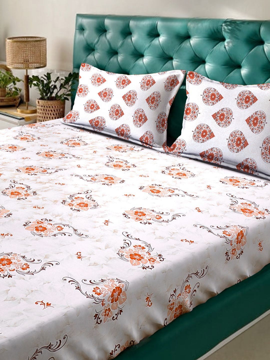KLOTTHE Orange Floral Printed Fitted 400 TC Cotton King Bedsheet With 2 Pillow Covers
