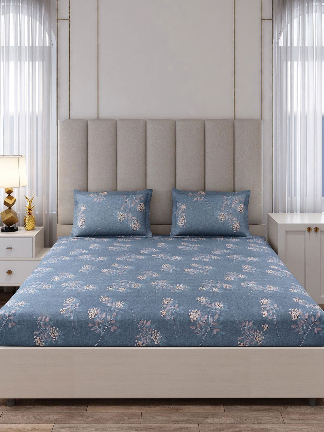 Monte Carlo Blue & Beige Floral Printed 130 TC King Bedsheet Set 2.75 m x 2.75 m