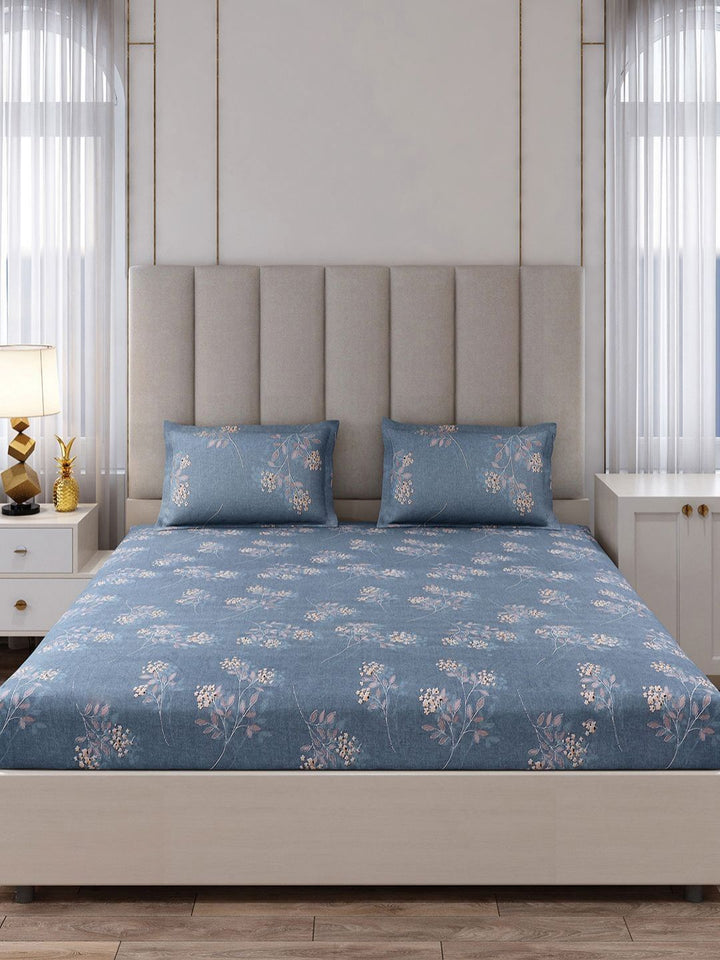 Monte Carlo Blue & Beige Floral Printed 130 TC King Bedsheet Set 2.75 m x 2.75 m