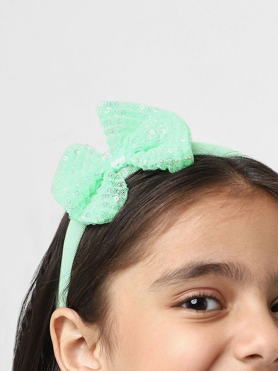 Nauti Nati Girls Green Mesh Embellished Sequin Party Frock With Headband