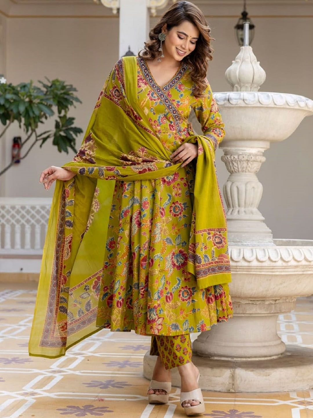 KALINI Women Floral Printed Angrakha Thread Work Kurta with Trousers & With Dupatta