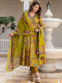 KALINI Women Floral Printed Angrakha Thread Work Kurta with Trousers & With Dupatta