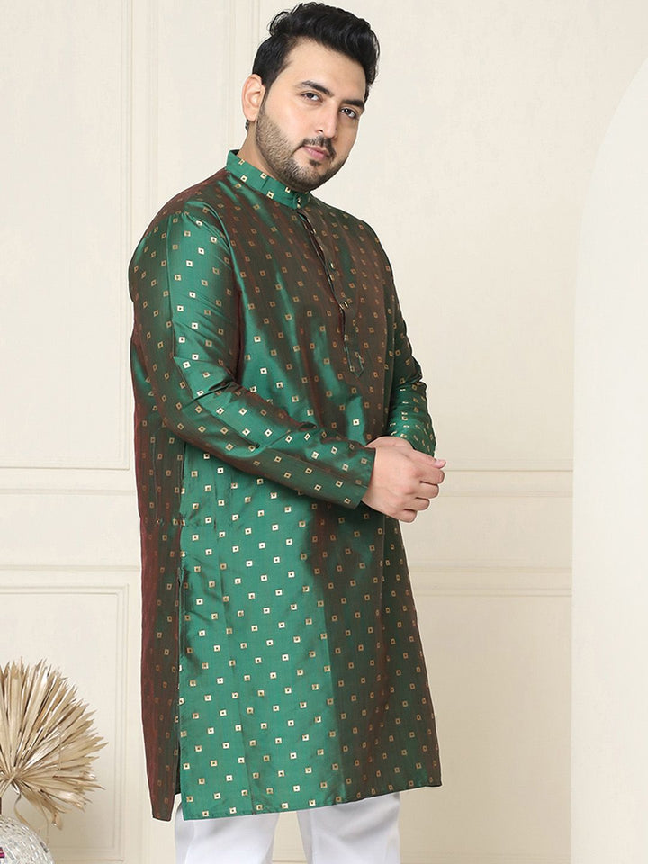 SOJANYA Plus Geometric Woven Design Mandarin Collar Long Sleeve Cotton Silk Straight Kurta