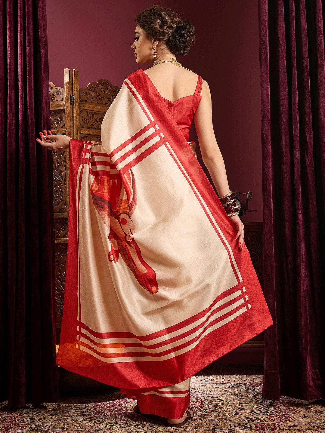 Saree mall Off White Ethnic Printed Durga Puja Saree