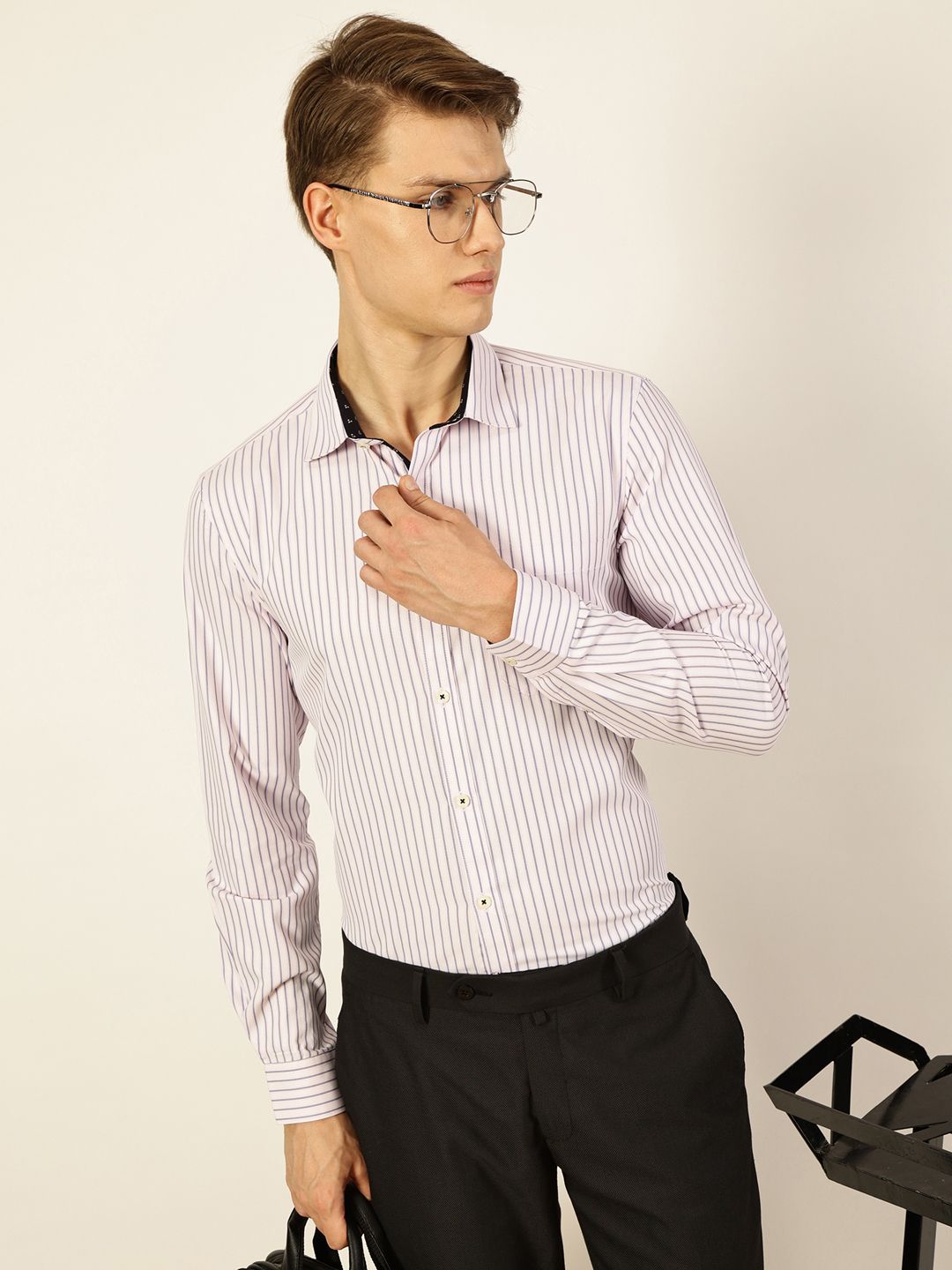 Thomas Scott Men Smart Cutaway Collar Vertical Striped Cotton Formal Shirt