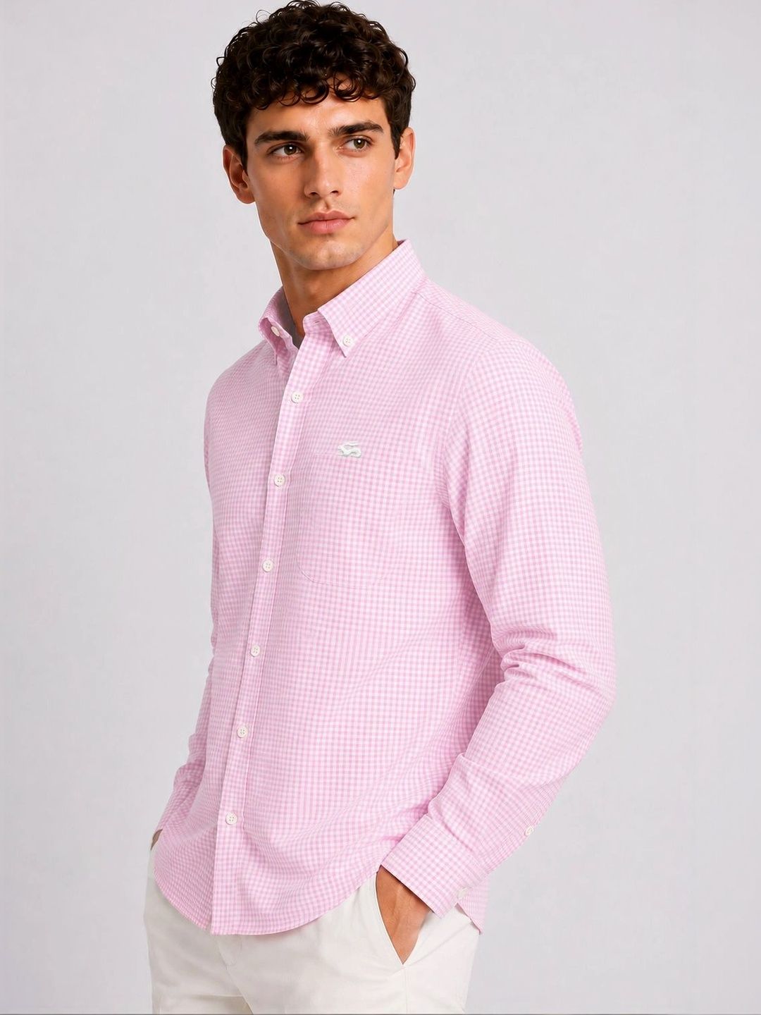 ADRO Men Pink & White Mini Checked Regular Fit Casual Cotton Shirt
