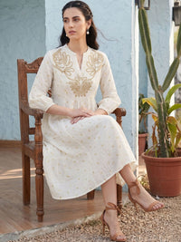 Mamicha Embroidered Puff Sleeve A-Line Midi Dress
