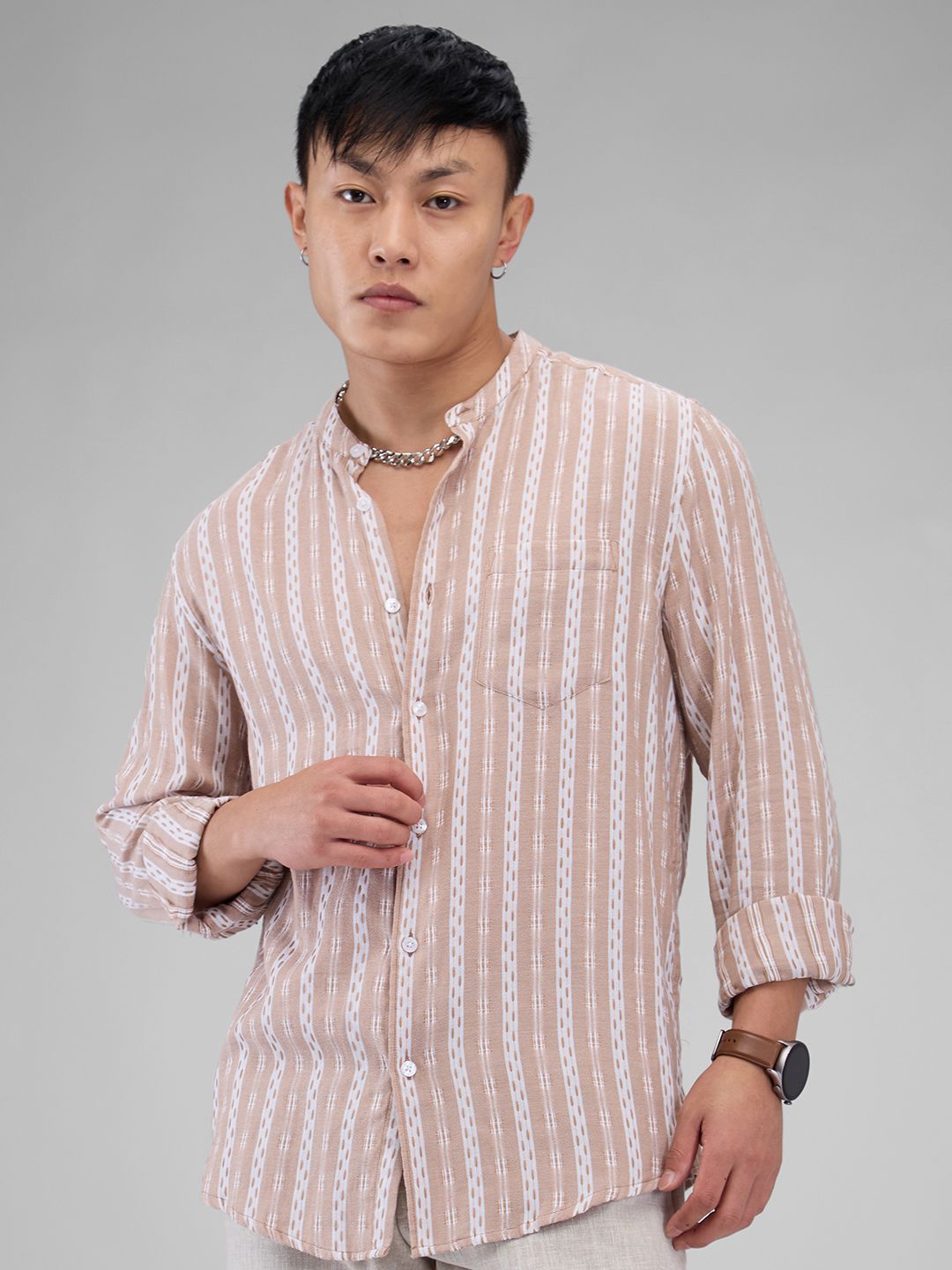 VASTRADO Men Classic Mandarin Collar Vertical Striped Cotton Slim Fit Casual Shirt
