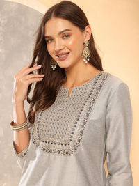 Anouk Grey Floral Embroidered Sequinned Straight Kurta With Trousers & Dupatta
