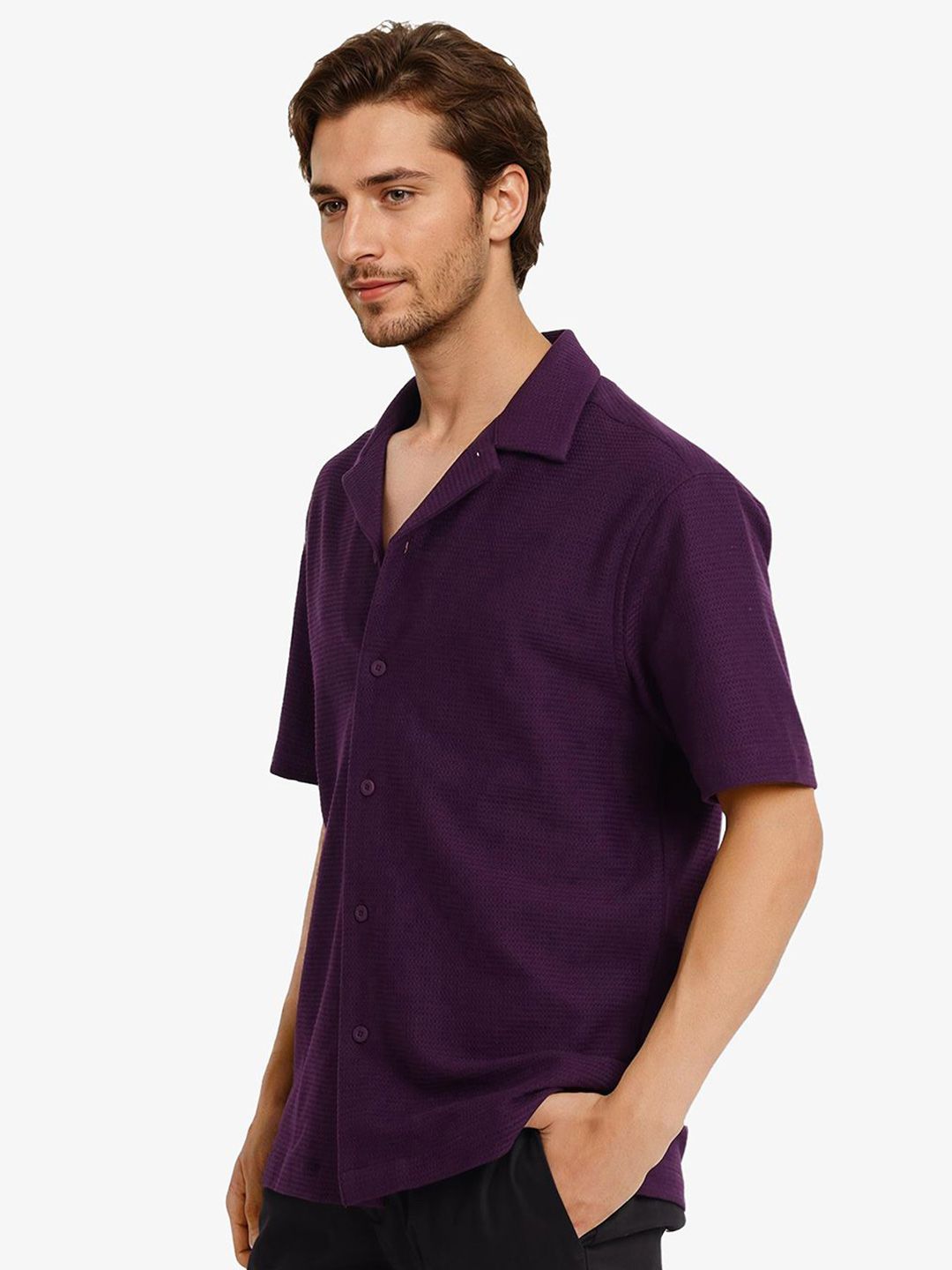 RARE RABBIT Men Comfort Cuban Collar Solid Cotton Boxy Casual Shirt