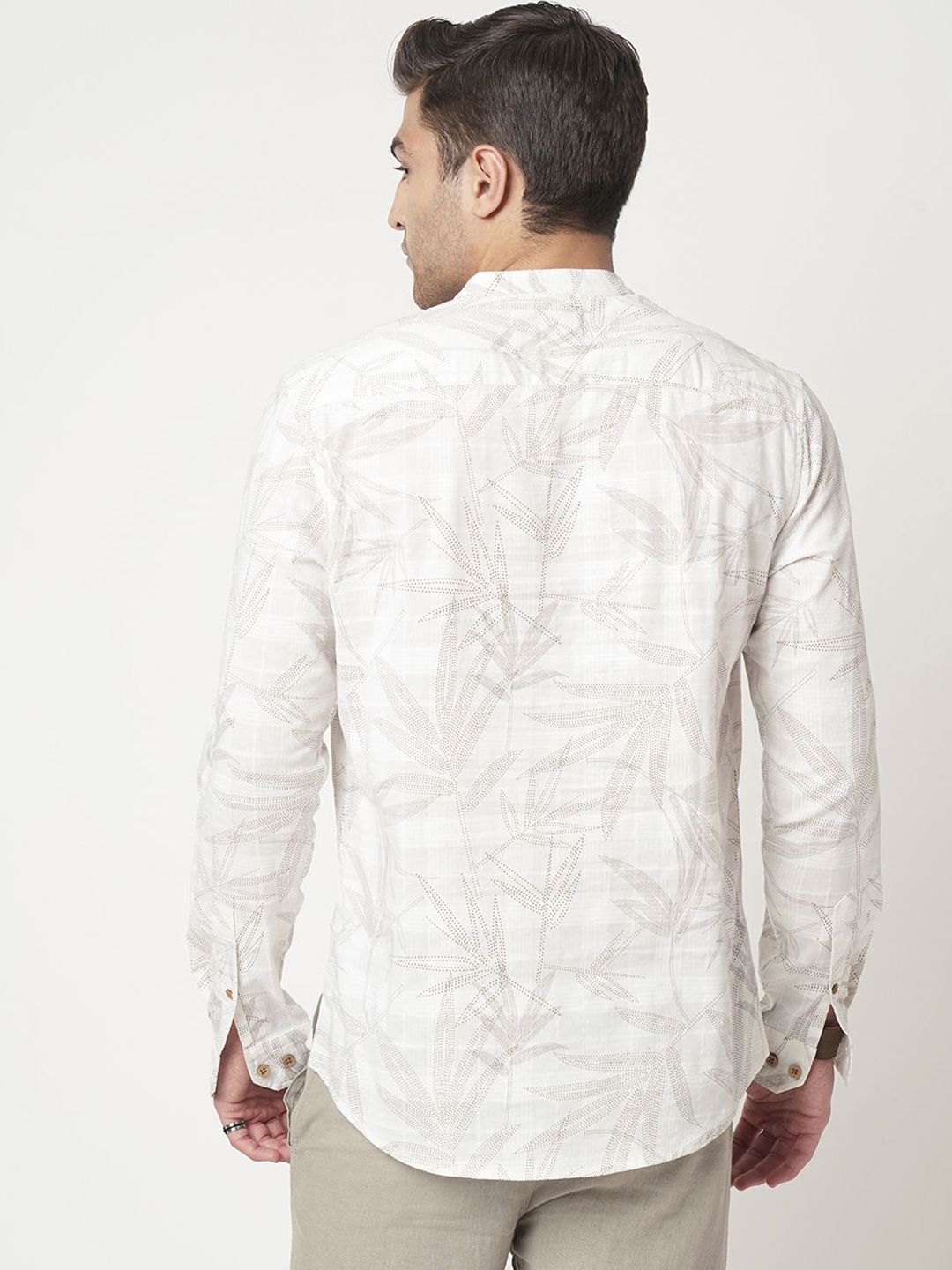 VASTRADO Dotted Leaf Printed Band Collar Cotton Straight Short Kurta