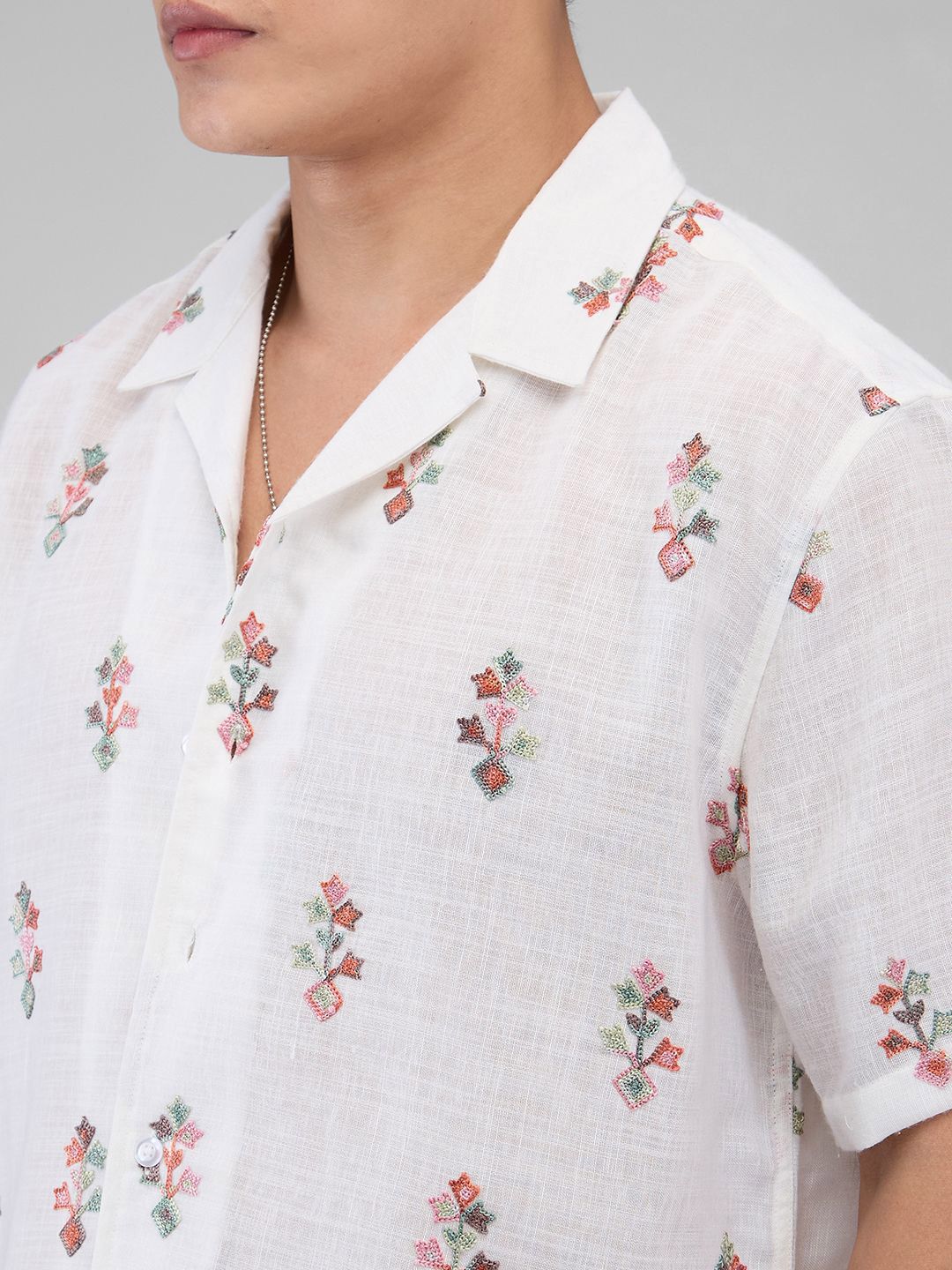 VASTRADO Men White Embroidered Notch Collar Oversized Shirt