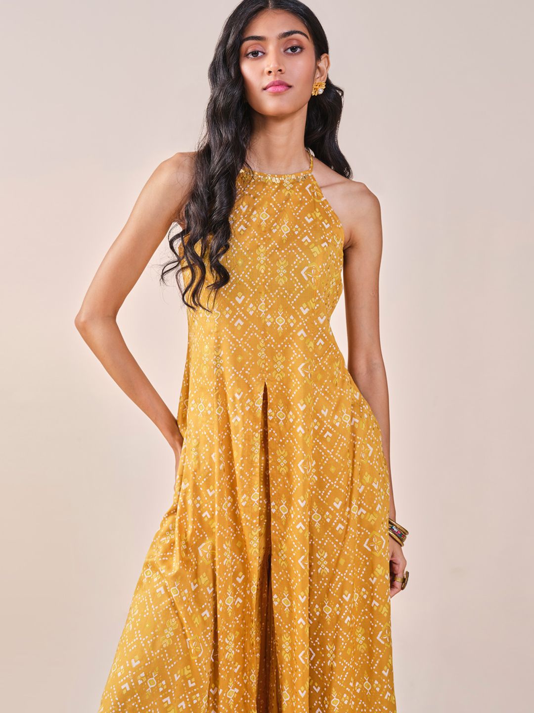 Global Desi Floral Printed Halter Neck Kurta with Palazzos