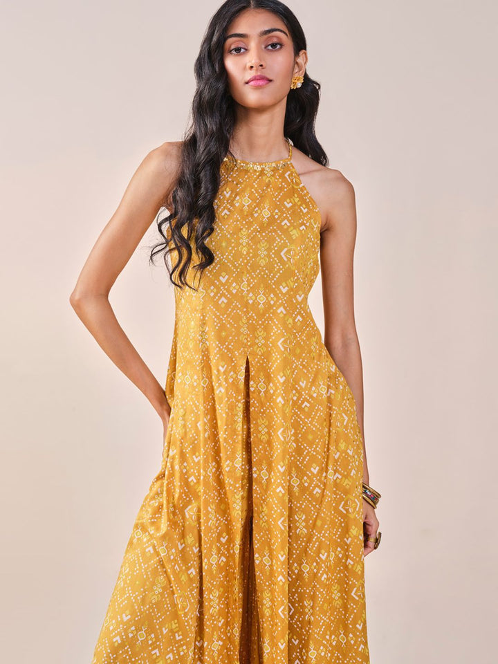 Global Desi Floral Printed Halter Neck Kurta with Palazzos