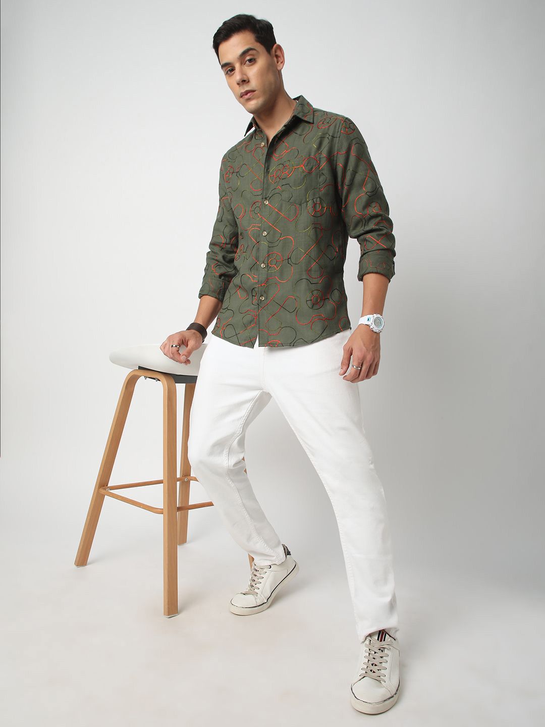 VASTRADO Men Classic Geometric Self Design Cotton Slim Fit Casual Shirt