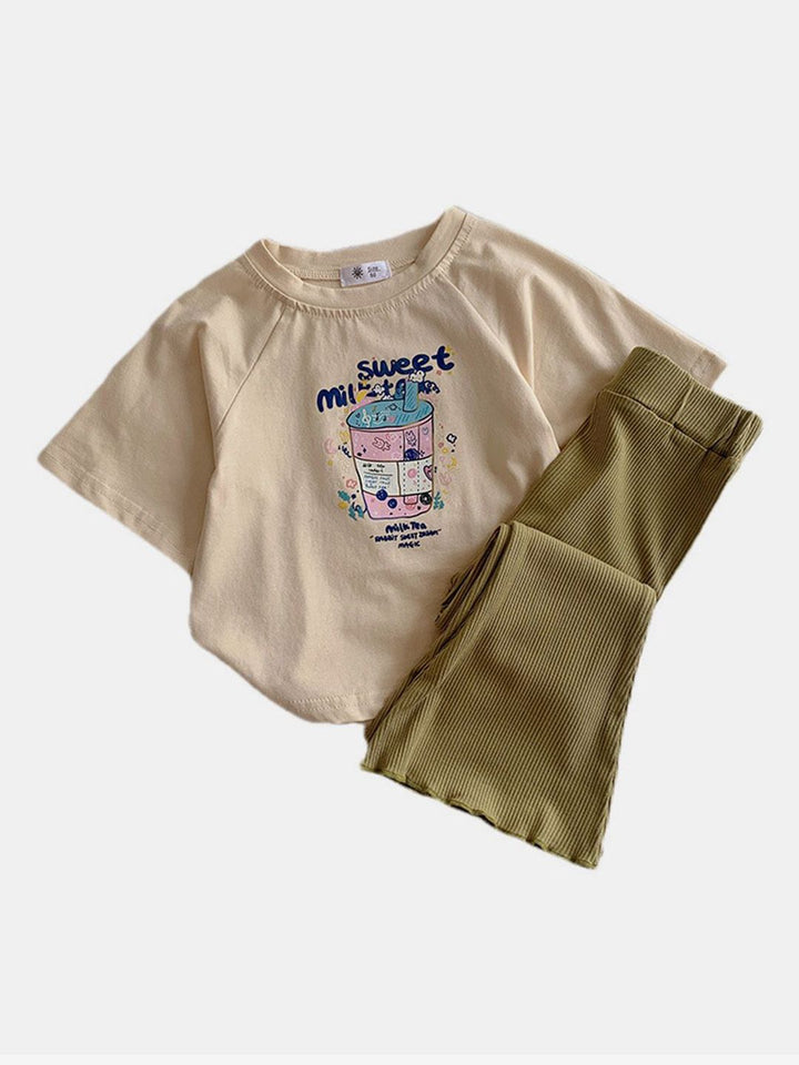 YK Girls Printed Short Sleeve T-Shirt & Trousers Clothing Set