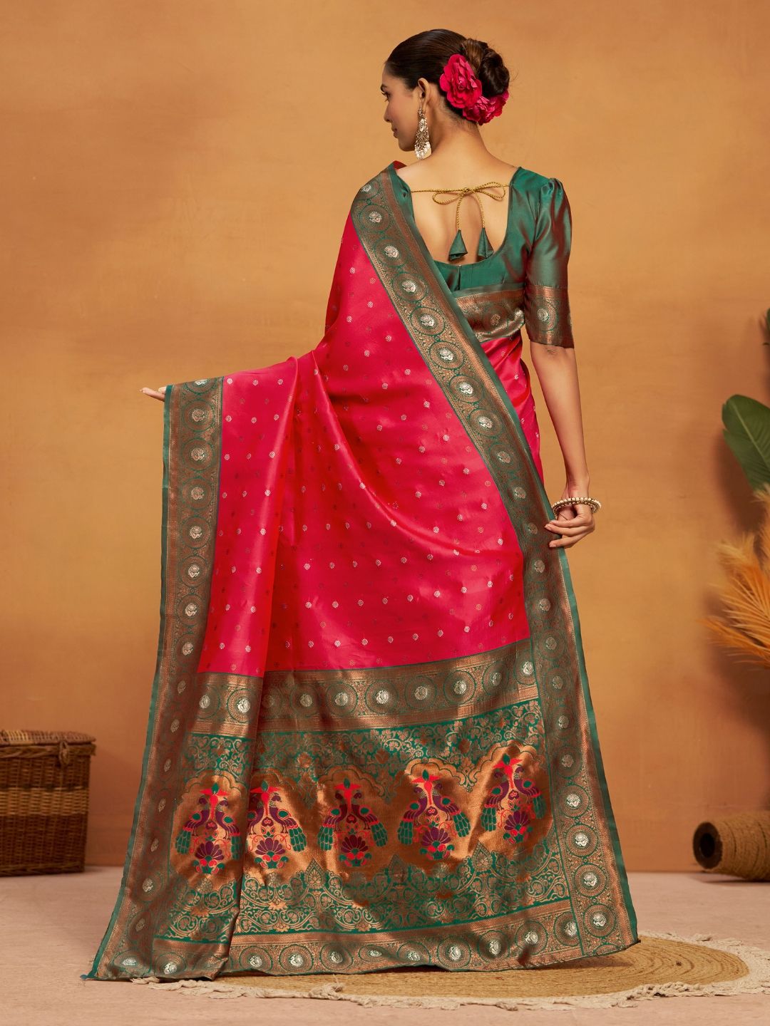 Kalini Silk Blend Woven Paithani Saree with Blouse Piece