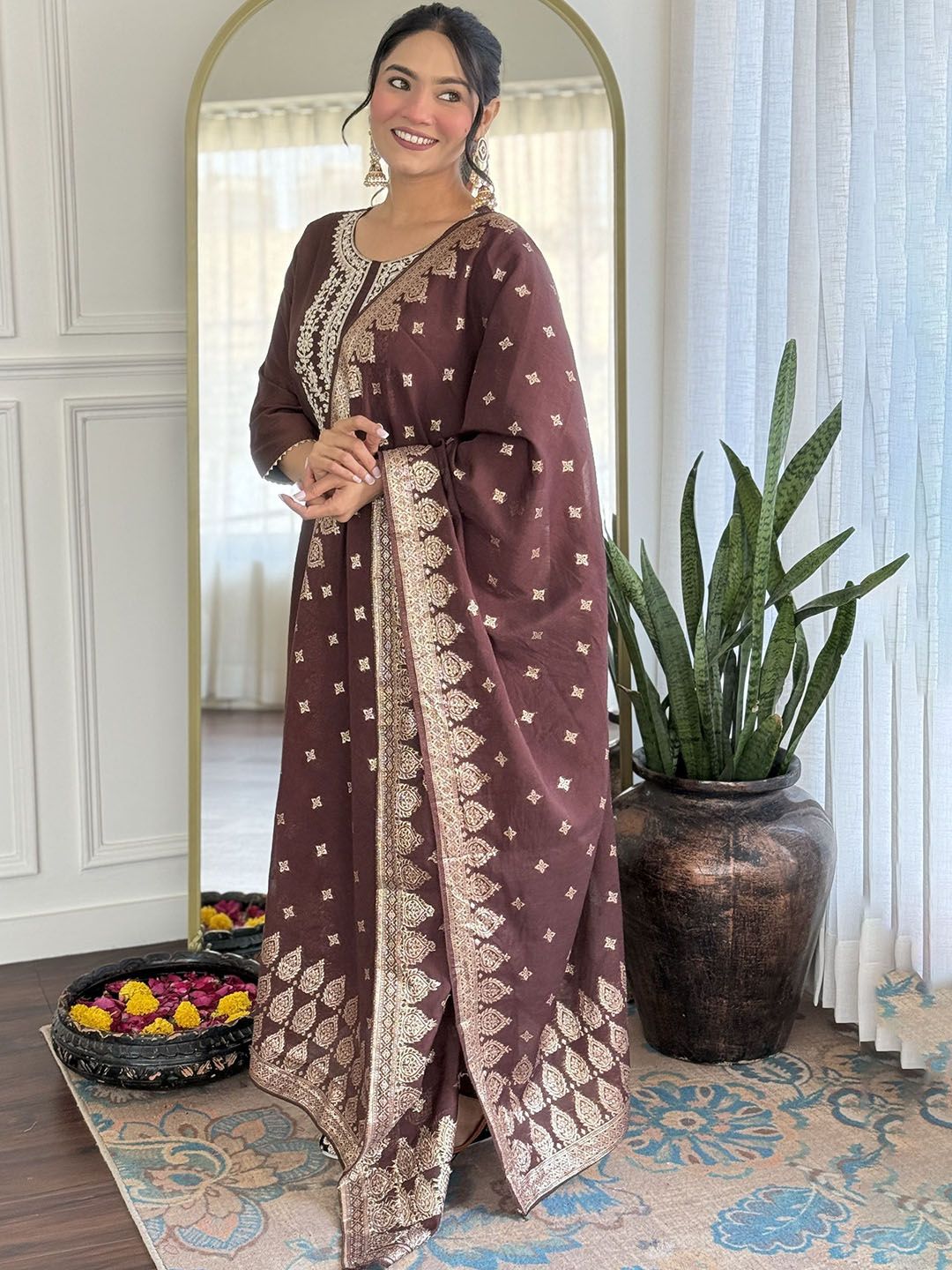 KALINI Women Ethnic Motifs Embroidered Thread Work Pure Silk Kurta Set With Dupatta