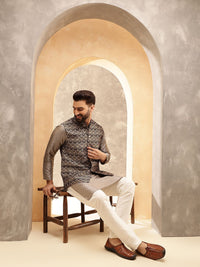 Anouk Grey Embroidered Mandarin Collar Jacquard Silk Kurta With Pyjama And Nehru Jacket