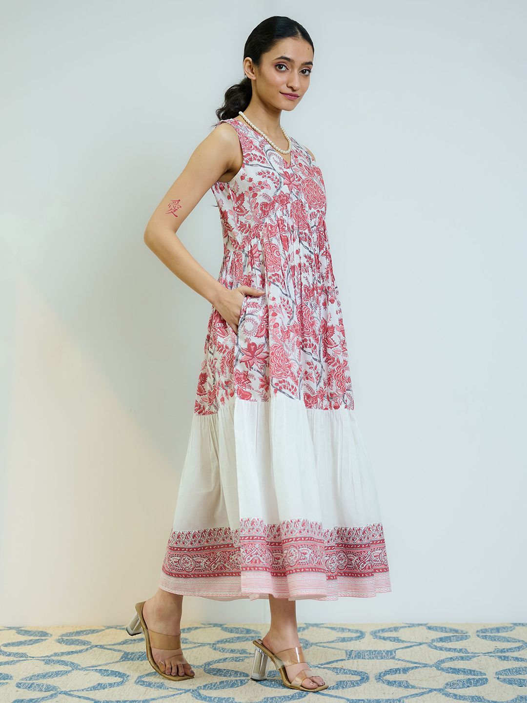 Rustorange Women Peach Red Sanganeri Printed Cotton Tier Dress