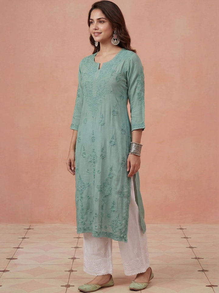 House of Chikankari Solid Green Embroidered Modal Pockets Kurta