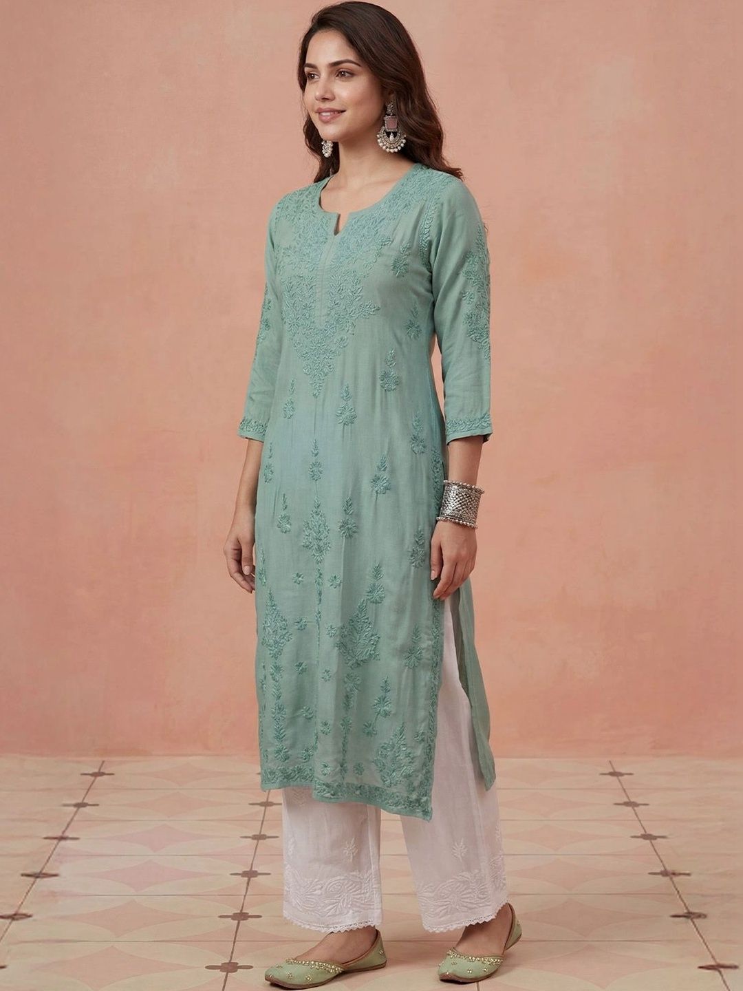 House of Chikankari Solid Green Embroidered Modal Pockets Kurta