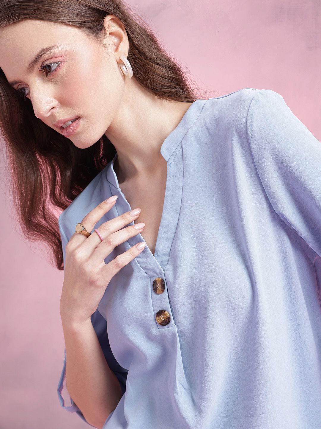 DressBerry Mandarin Collar Roll-Up Sleeves Longline Top