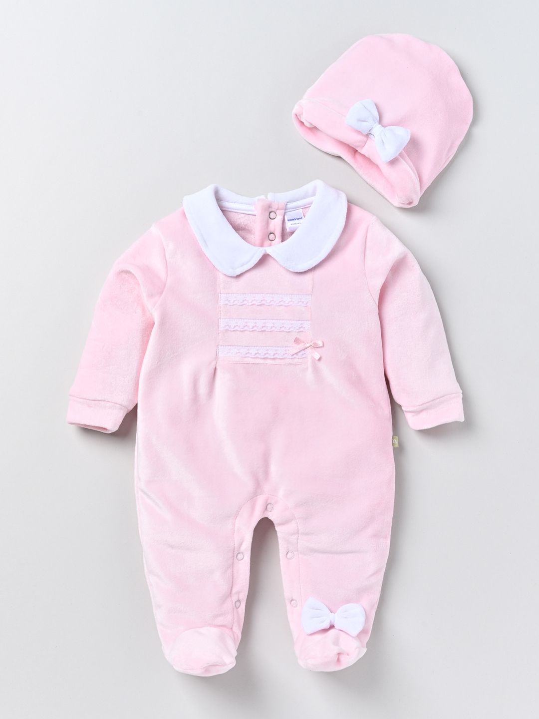 Moms Love Infant Girls Cotton Velvet Finish Lace Detail Sleepsuit with Beanie Cap